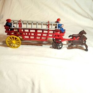 Vintage Cast Iron Horse Drawn Fire Truck Engine Wagon Toy w Fireman and Ladders